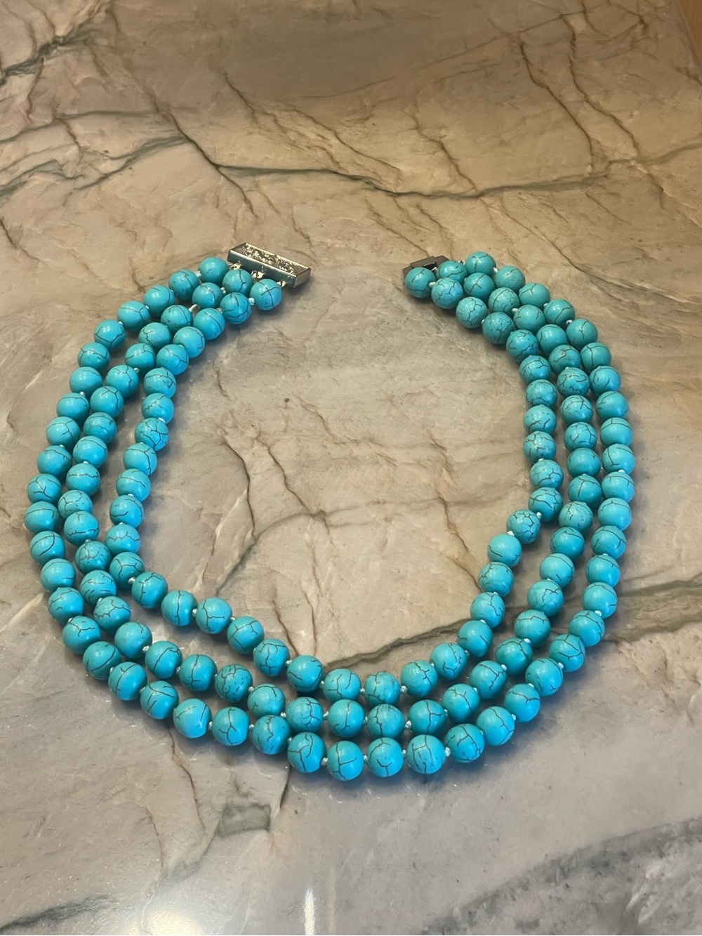 925 Sterling Silver Triple-Strand Turquoise Beaded Statement Necklace